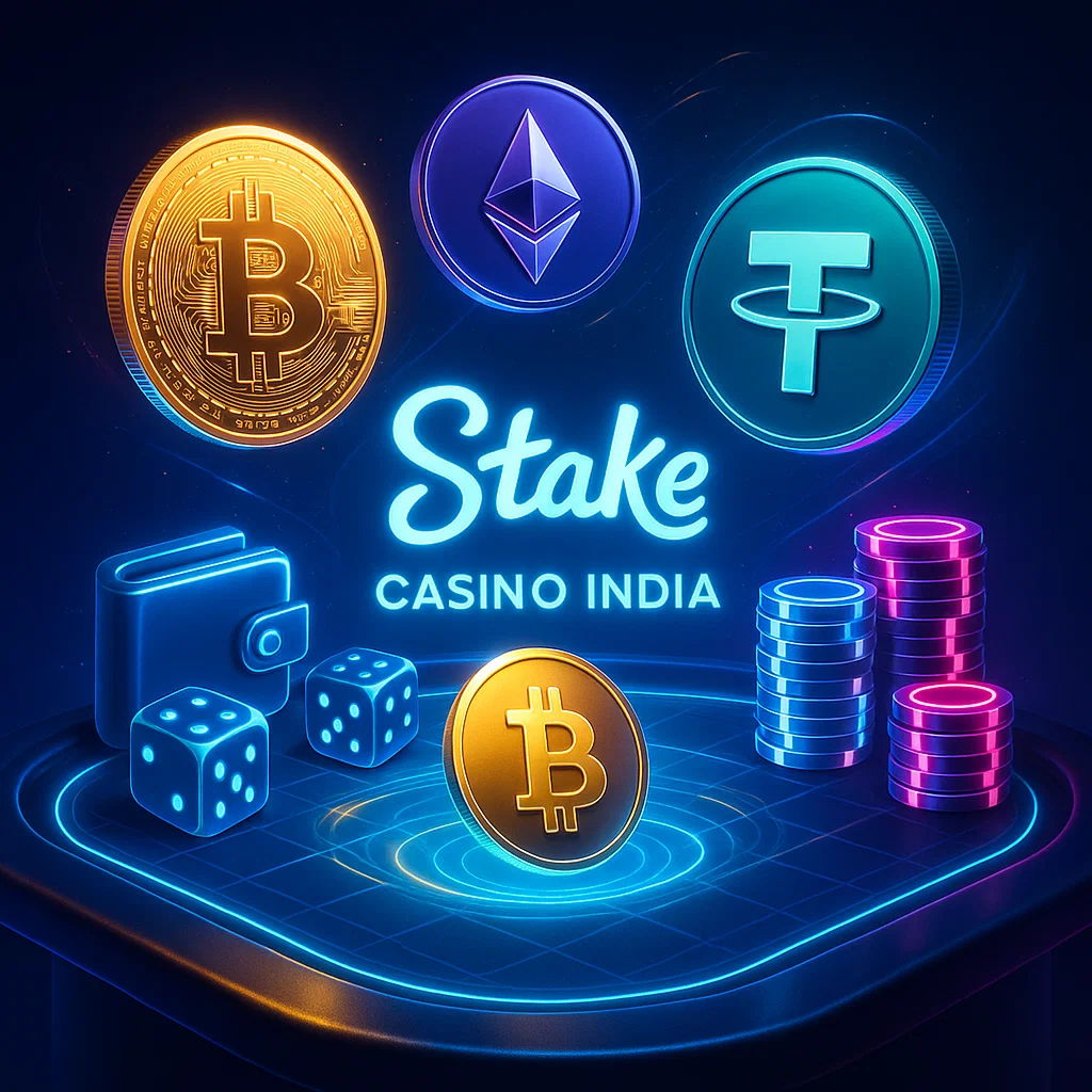 Megapari Casino India crypto gaming banner with Bitcoin, Ethereum, and Tether coins, glowing dice, wallet, and casino chips in a futuristic neon design
