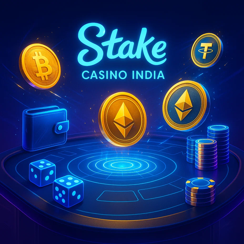 Megapari Casino India promotional image featuring Ethereum, Bitcoin, and Tether coins floating above a casino table with dice, wallet, and colorful chips in a digital neon theme.